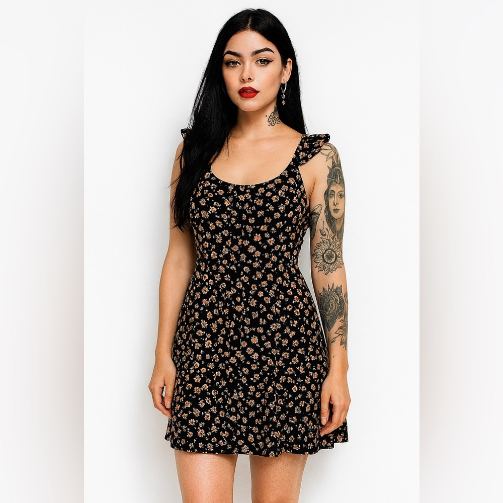 Mossimo Black Floral Sleeveless Mini Dress – Ruffle Strap, Size M